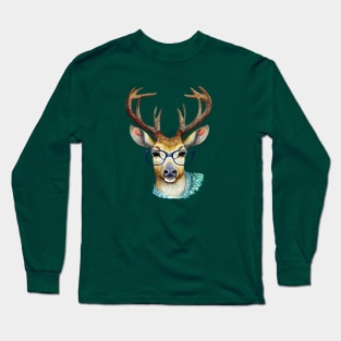 Cute Deer with Glasses Watercolor Artwork Long Sleeve T-Shirt